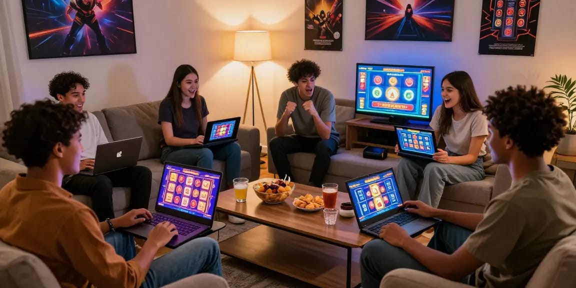 Friends enjoying online slot games in a cozy living room setup, vibrant graphics on screens.