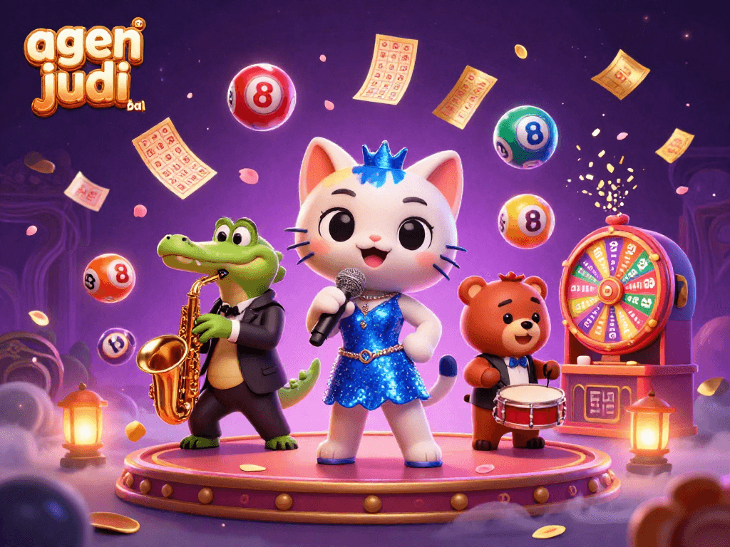 Experience thrilling gambling with agen judi bola amidst lively characters and festive elements in a grand casino ambiance.