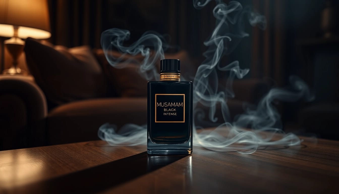 Ruimte met Musamam Black Intense by Lattafa parfumfles, die luxe en verfijning uitstraalt.