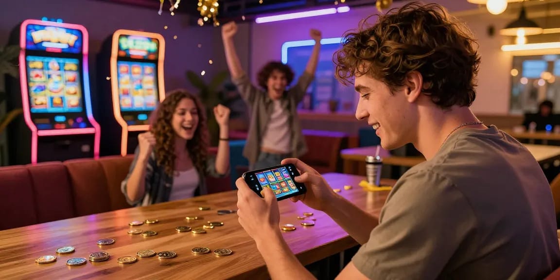 Engaged player enjoying apk slot games in a lively gaming environment with vibrant decorations and friends.