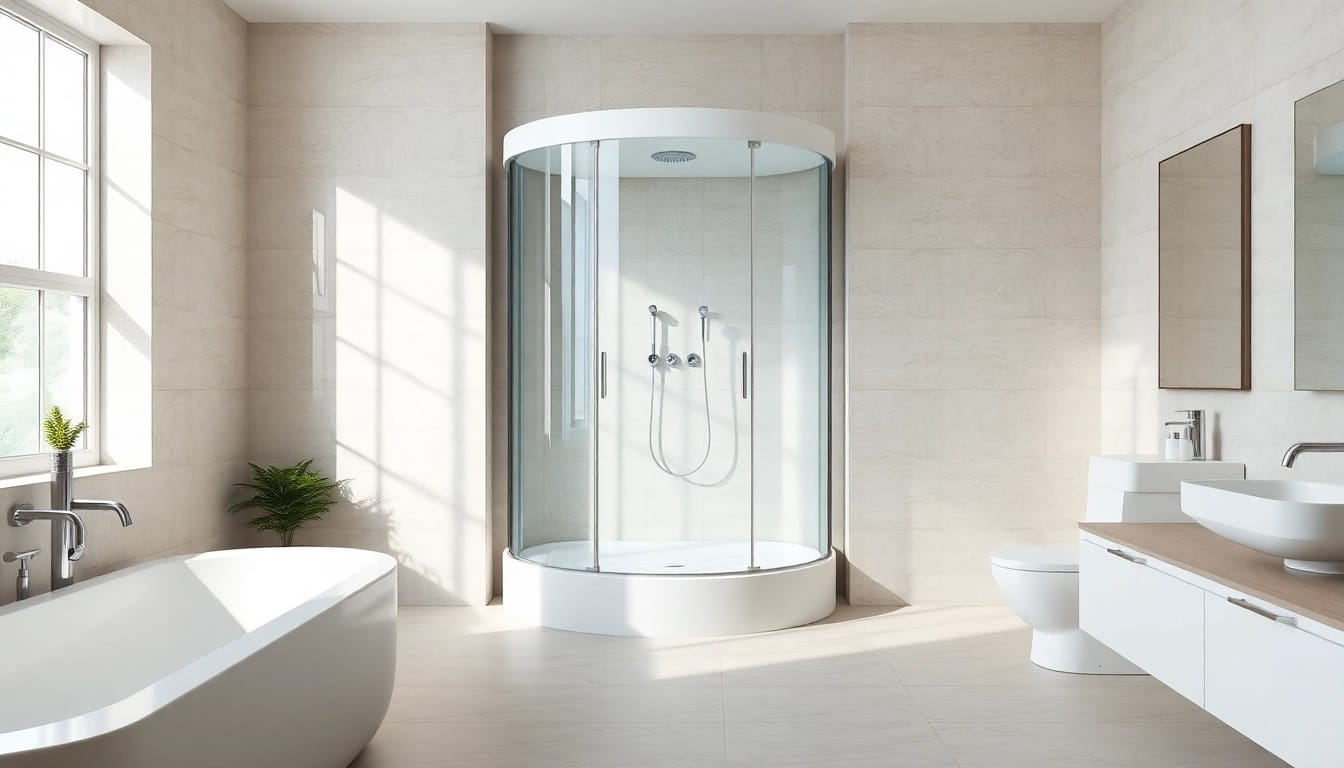 Duschkabine 90x90 in modernem Badezimmer mit eleganten Fliesen und sanfter Beleuchtung.