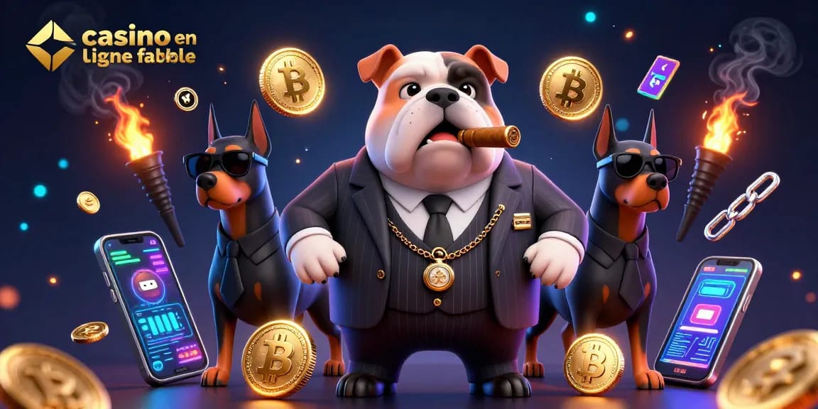 Jouer dans un casino en ligne fiable avec un bulldog mafieux et des dobermans, ambiance dynamique et colorée.