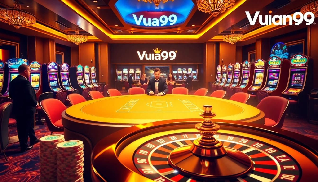 Experience the thrill of Vua99 casino with players at a poker table in a luxurious setting.