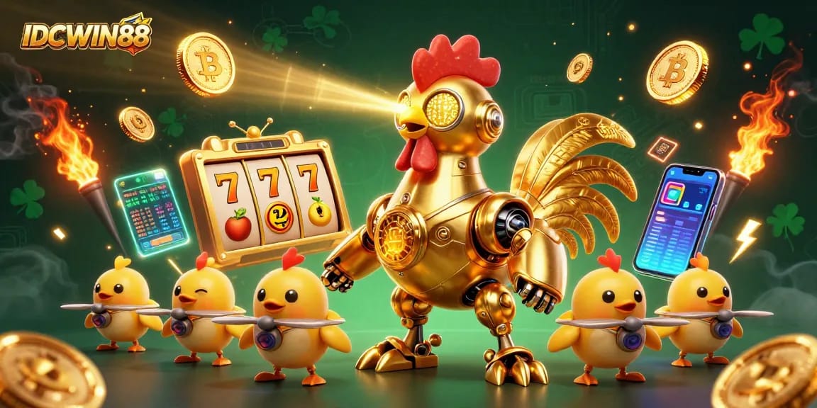 Engage with IDCWIN88, featuring vibrant 3D illustration of casino elements and characters spotlighting big wins.