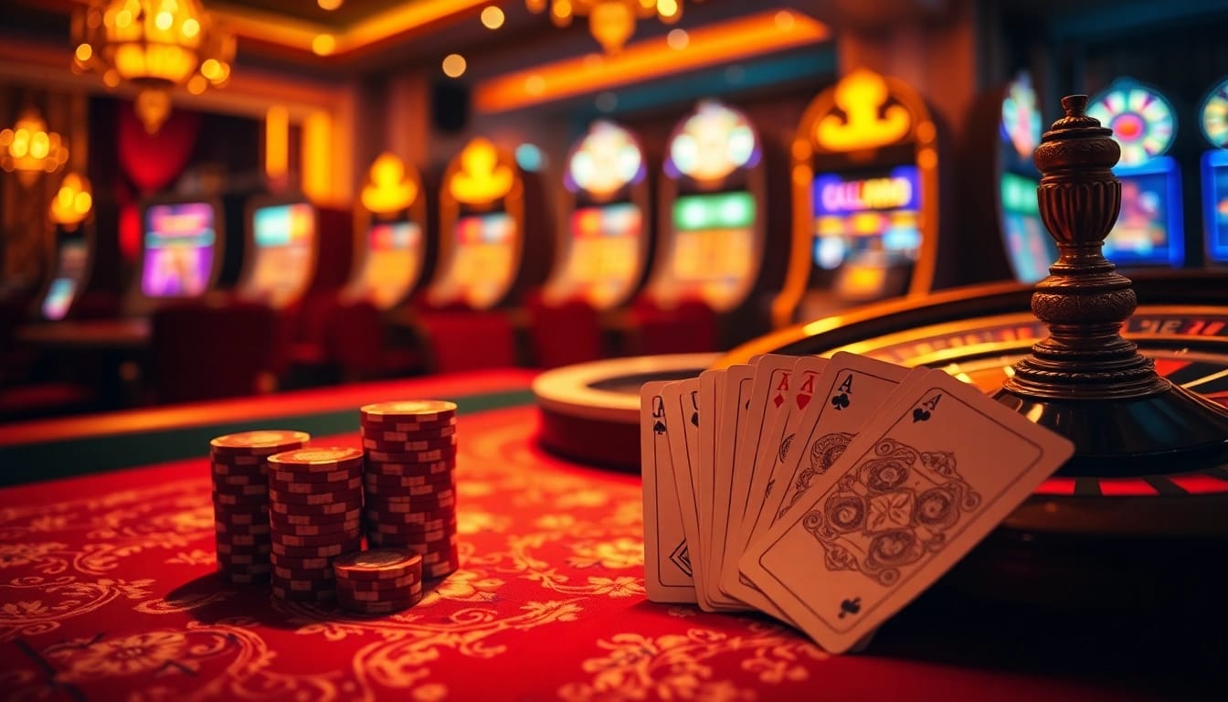 Experience the thrill of gambling at https://mm88.fun/ with a luxurious poker table and vibrant slot machines.