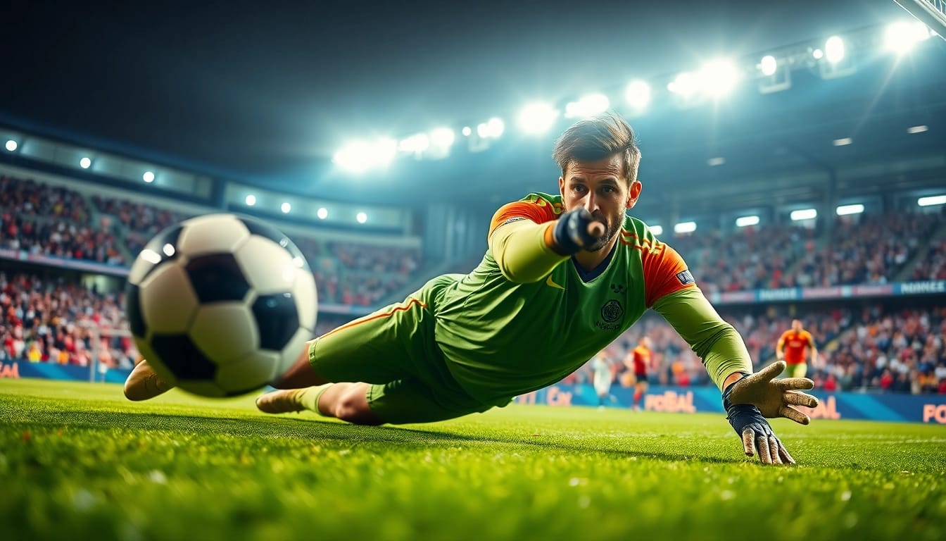 Action-packed scene of a goalkeeper saving a shot in a football match, highlighting บอล-วัน-นี้ vibes.