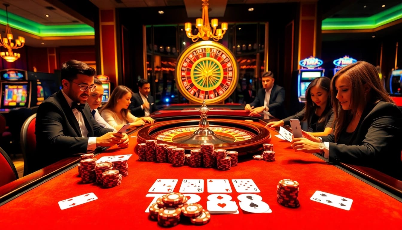 Gambling excitement at TR88 casino with luxurious poker tables and vibrant roulette wheels.