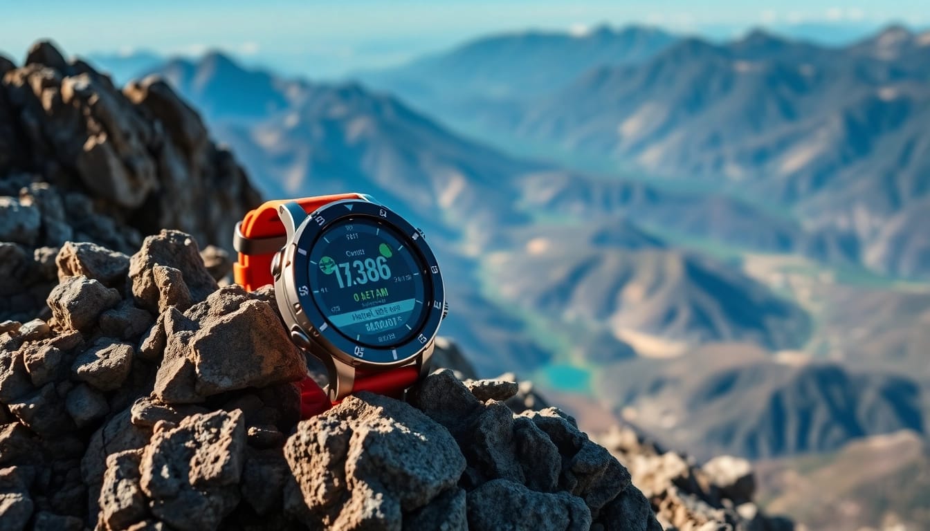 Showcase the Explorer GPS Smart Watch displaying vital navigation features in an outdoor adventure scene.