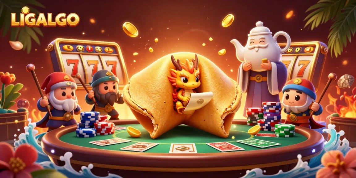 LIGALGO offers thrilling gaming experiences with a dynamic scene showcasing a golden fortune cookie, slot reels, and chip stacks.