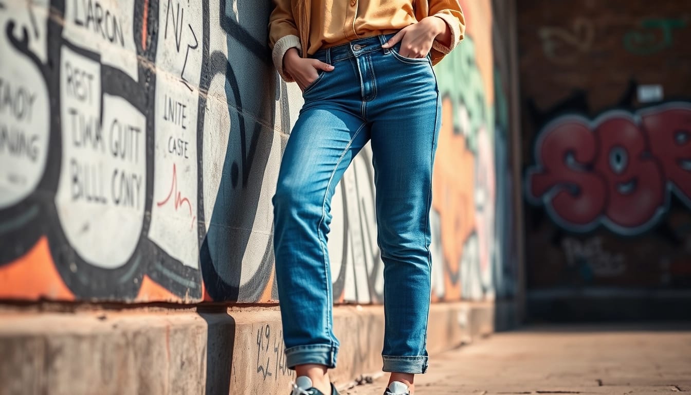 Stylish model wearing womens boyfriend jeans against a vibrant urban backdrop.