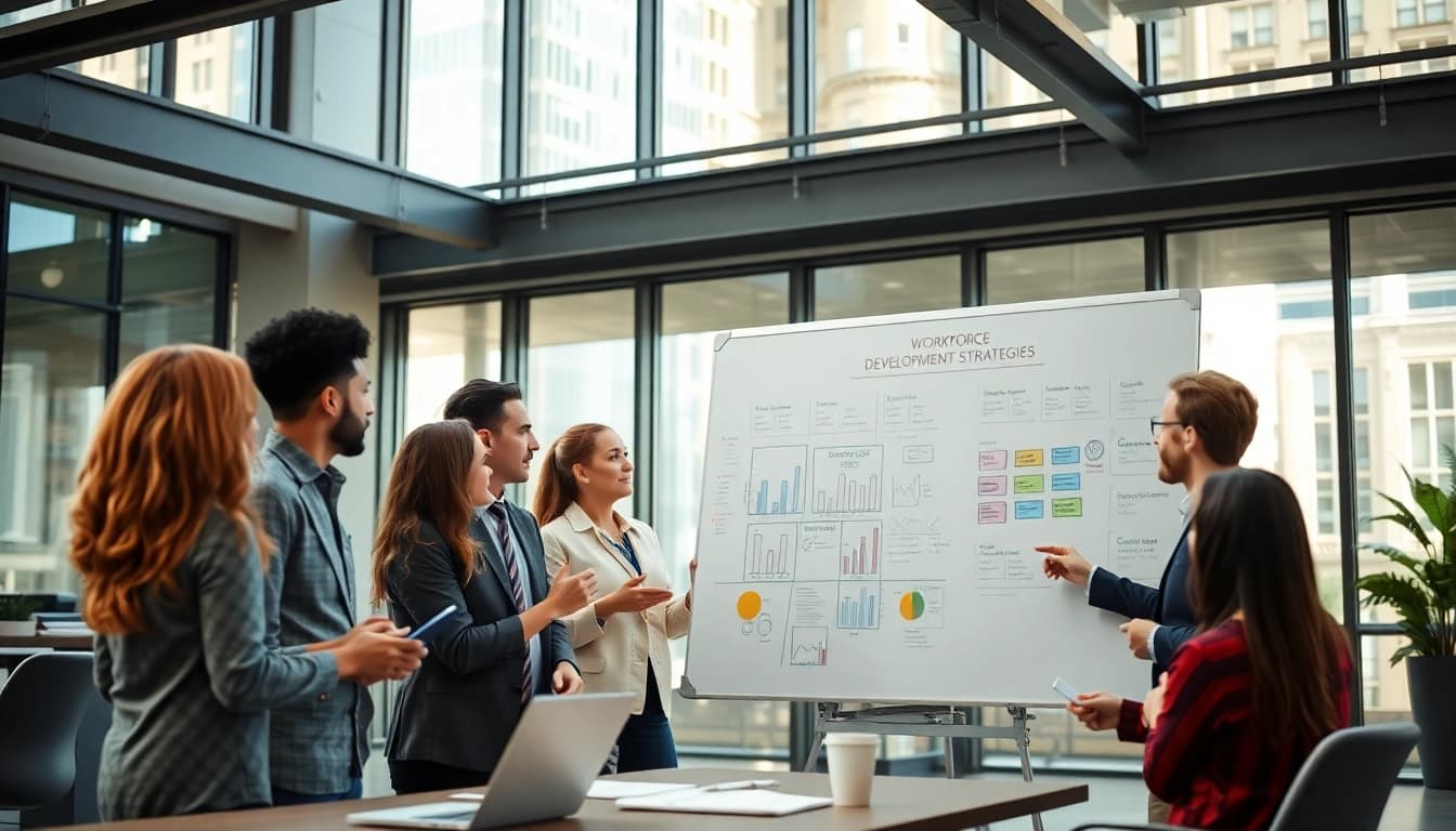 Enhancing workforce development through teamwork in a bright office environment.