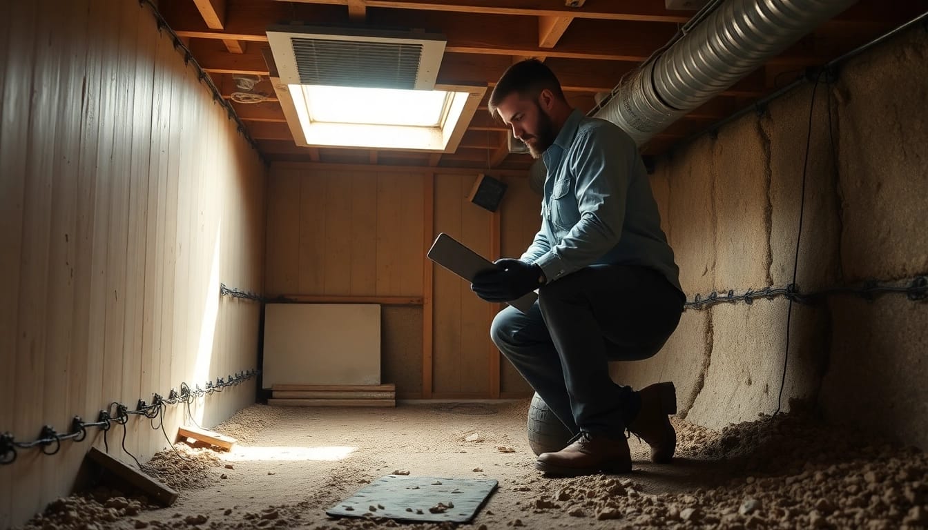 Crawl Space Restoration process with technician inspecting a damp area to ensure safety and integrity.