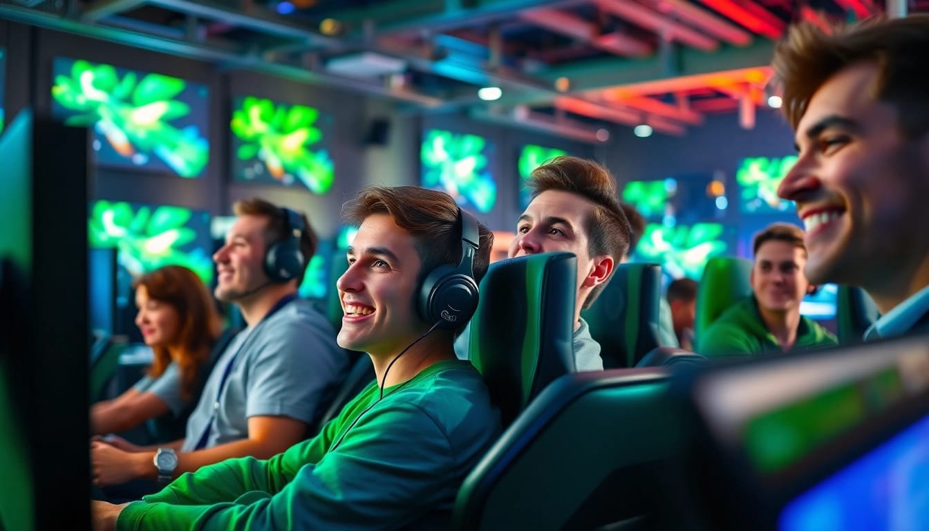 Menggambarkan pengalaman seru bermain jentoto dengan pemain yang antusias di lingkungan gaming modern.