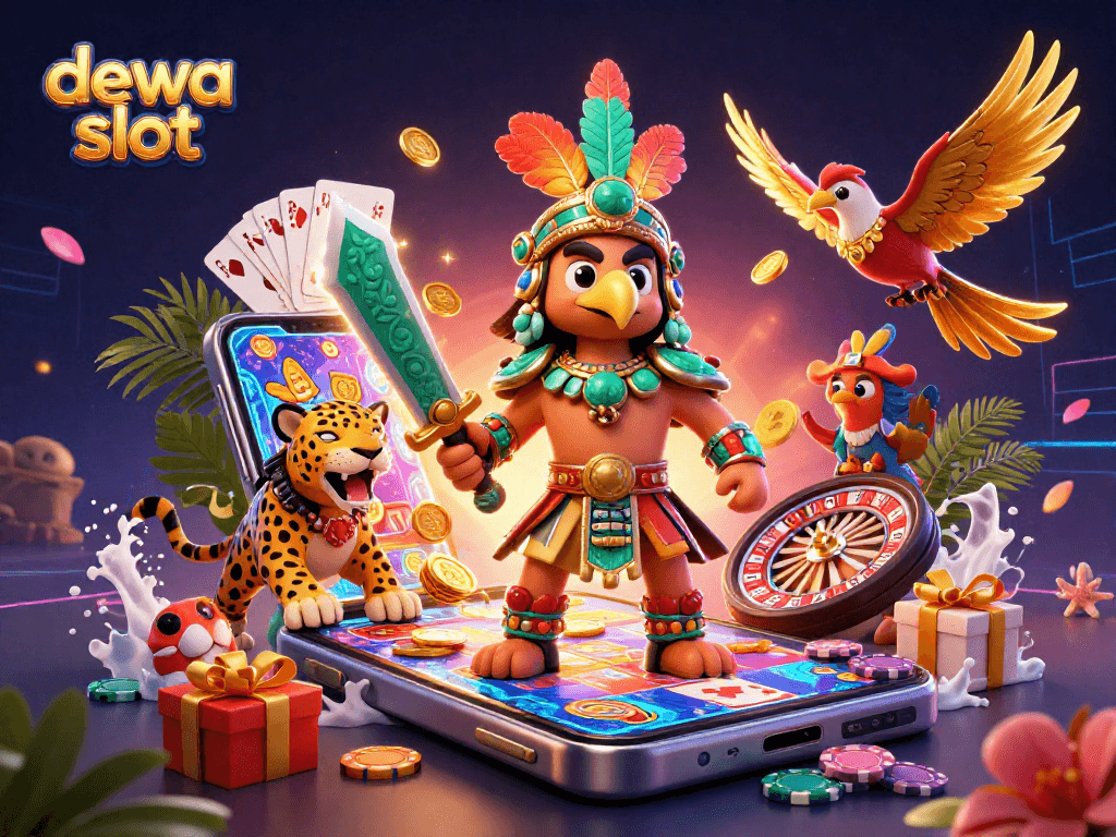 Menggambar dewa slot dengan visual menarik, simbol permainan, dan elemen slot yang dinamis untuk gamers.