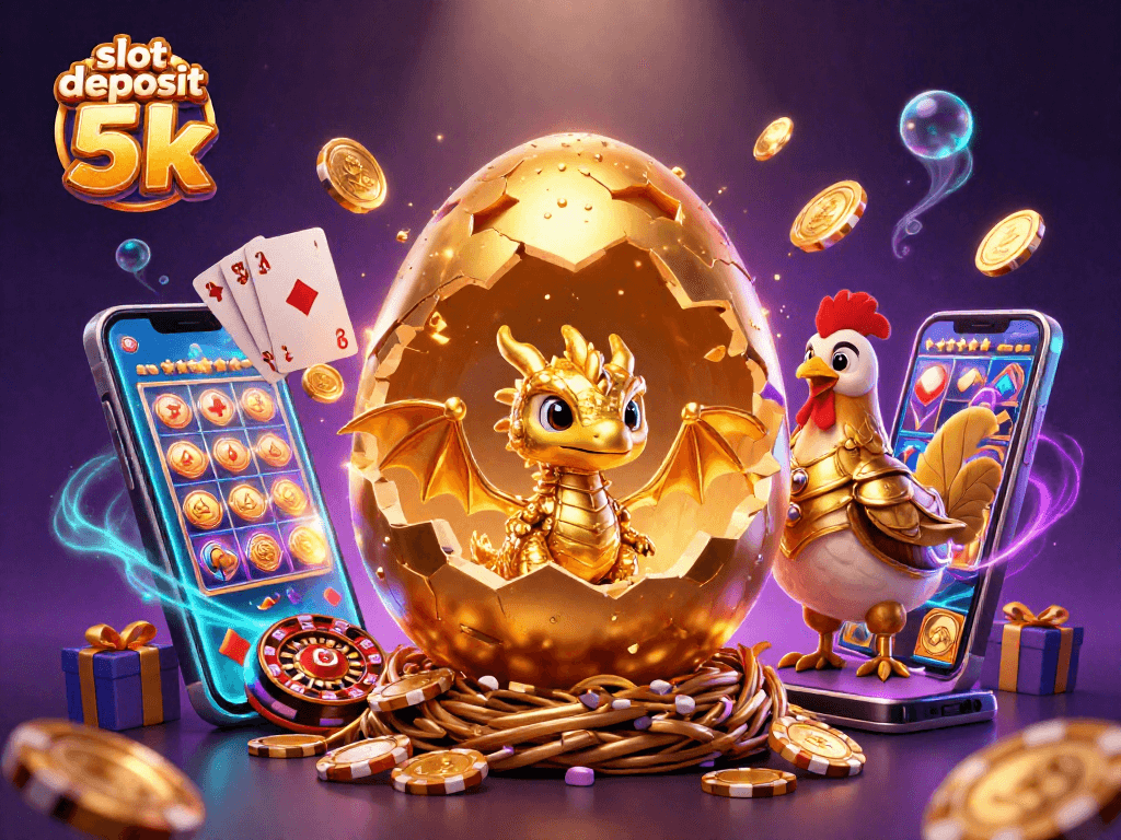 Enjoy winning with slot deposit 5k as a crystalline gold dragon emerges amidst a colorful casino backdrop.