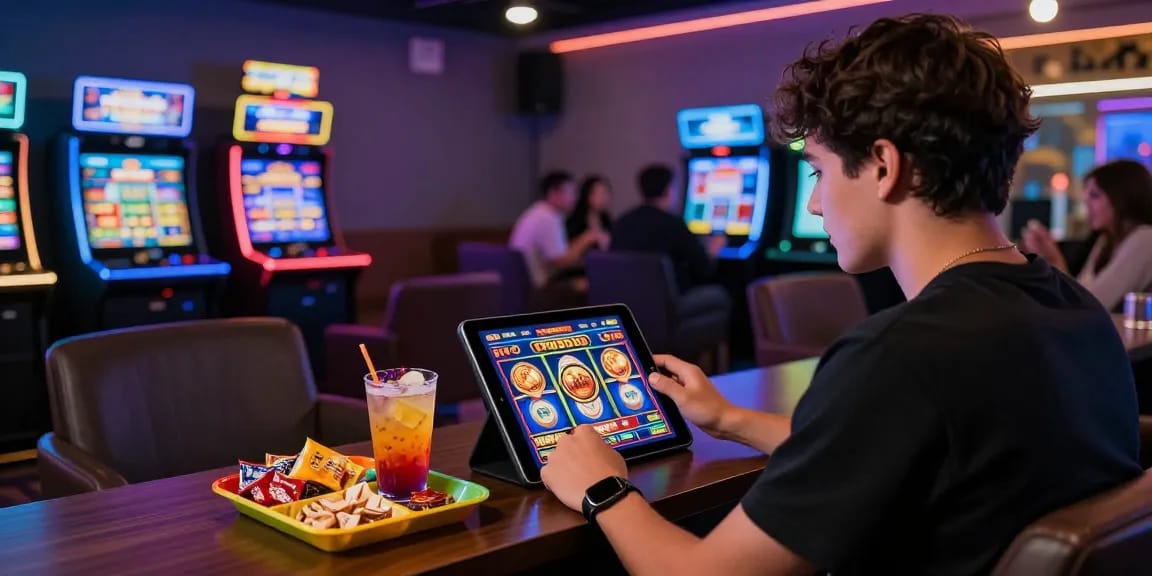 Engaging user experience with JPTOTO online slot game in a modern gaming lounge.