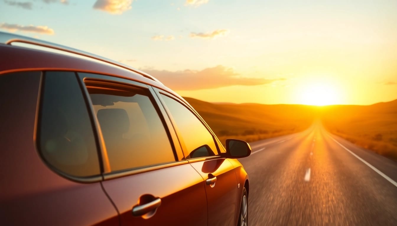 Experience convenient LONG DISTANCE TAXI TRANSFERS with a modern taxi against a scenic sunset.