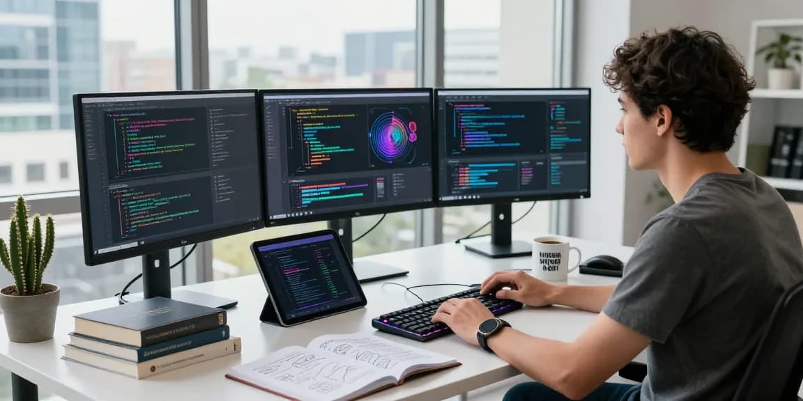 Software engineer developing crushon ai with monitors, coding books, and city view.