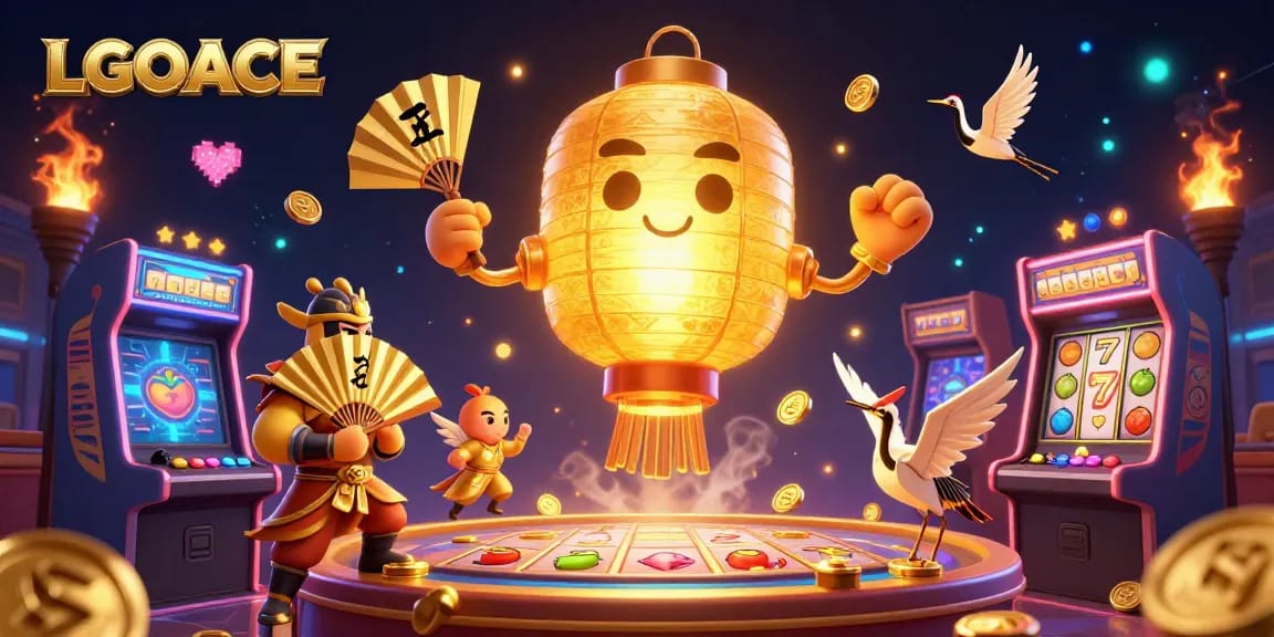 LGOACE slot experience featuring a giant lantern spirit and vibrant casino elements.