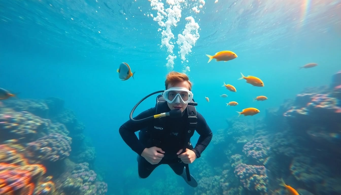 Tauchen Lernen in klarem Wasser mit einem Taucher, der die Grundlagen erlernt.