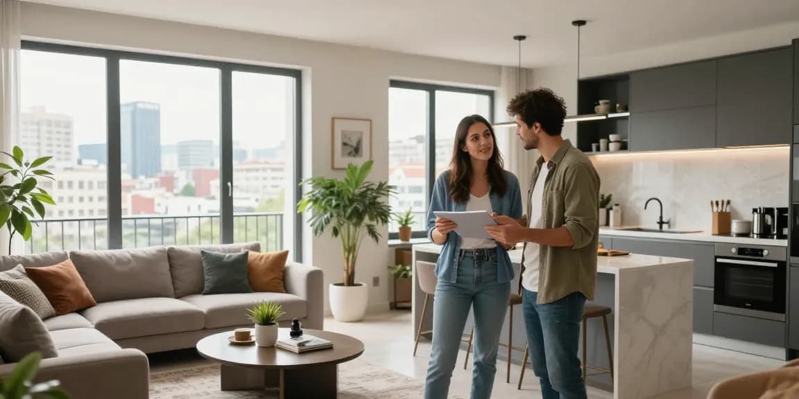 Explore the stylish interior of a modern apartment to buy in Tirana, showcasing a couple discussing property options.