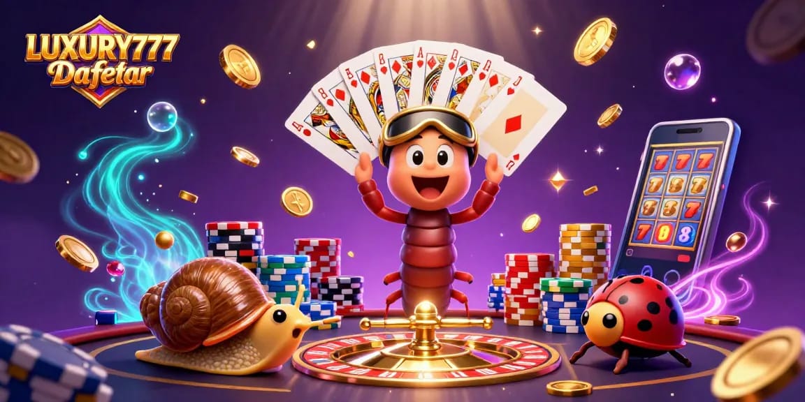 Menyambut pengalaman judi terbaik dengan LUXURY777 Daftar, dealer kartun dan elemen kasino menyala.