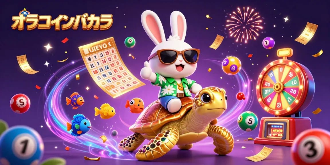 オンラインバカラを楽しんでいるかわいいウサギと金のウミガメのイラスト