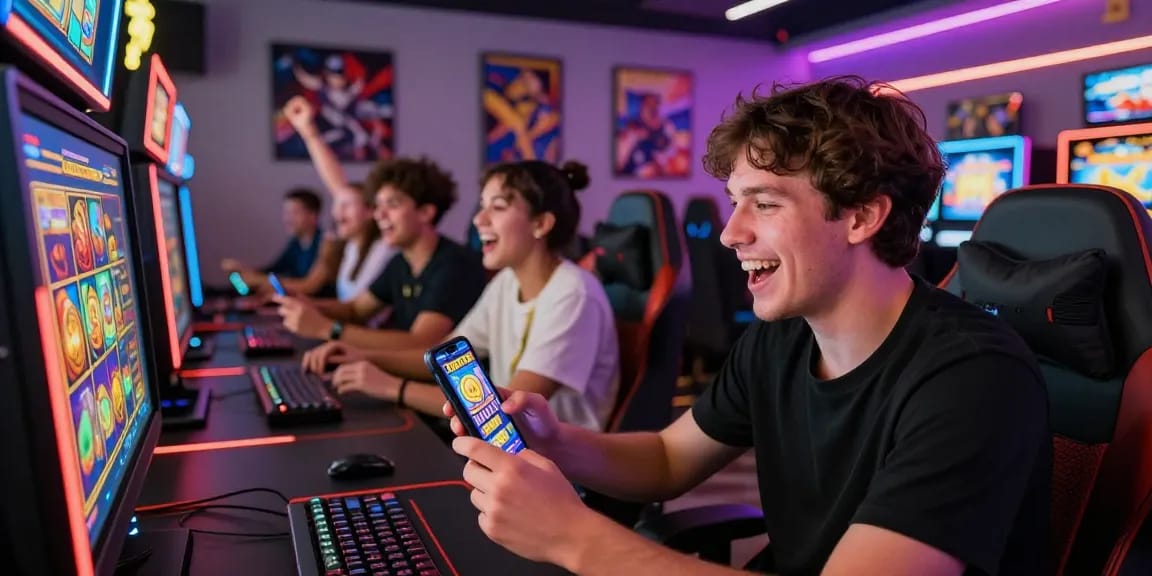 Excited players enjoying a slot game on their devices, showcasing ZEUS222 with a vibrant gaming atmosphere.
