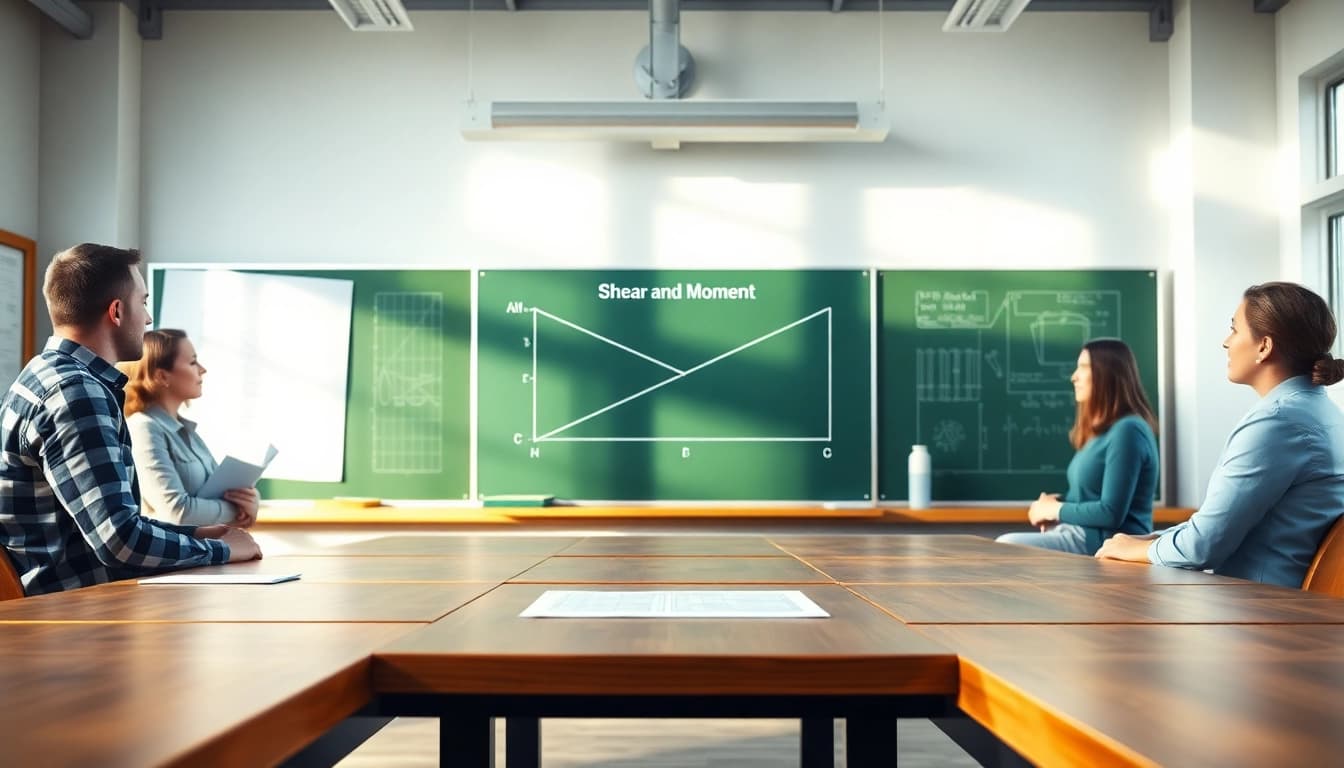 Illustration of a Shear and Moment Diagram on a chalkboard in an engineering classroom.