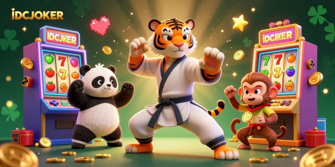 IDCJOKER showcases a vibrant scene with a kung fu tiger master amidst slot machines, symbols, and golden coins.