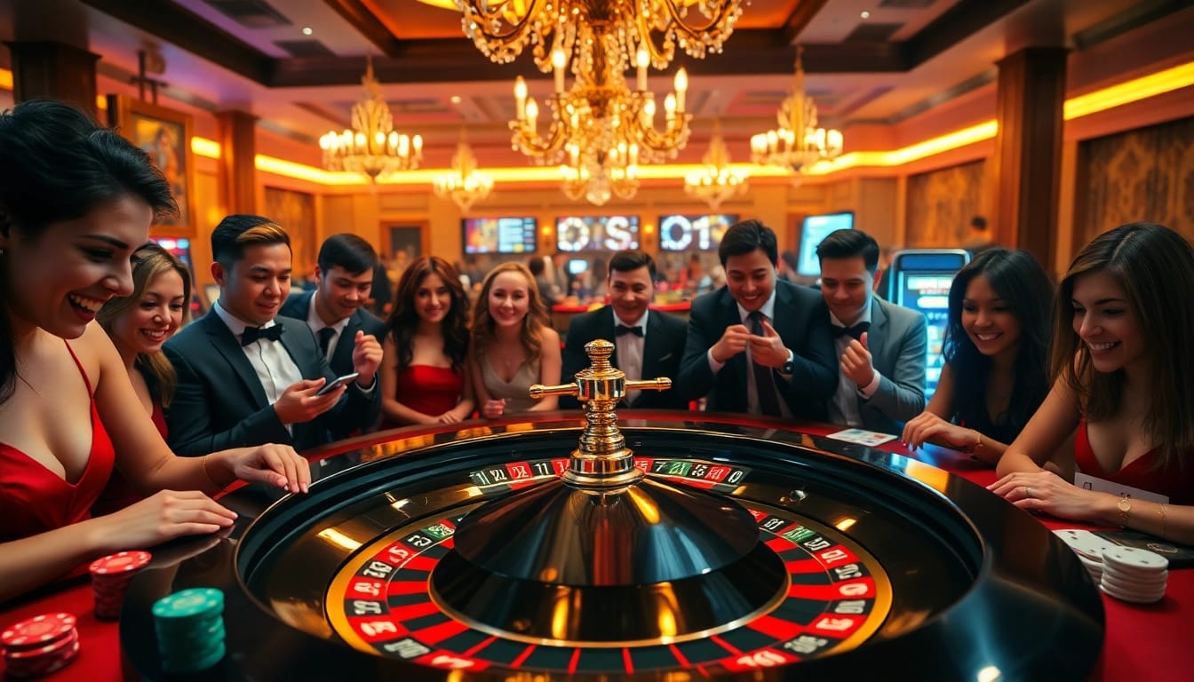 Players engaging at a high-stakes b52 roulette table, immersed in the thrill of gambling.