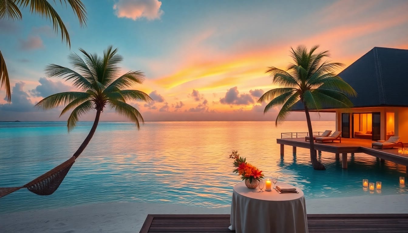 Luxury travel destinations featuring a stunning overwater villa at sunset, showcasing tranquility and exquisite beauty.