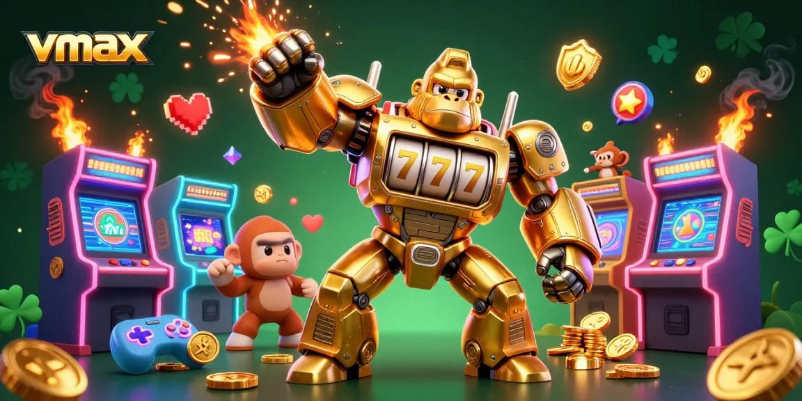 Experience the excitement of vmax casino gaming with a dynamic, colorful illustration of a golden gorilla mech.