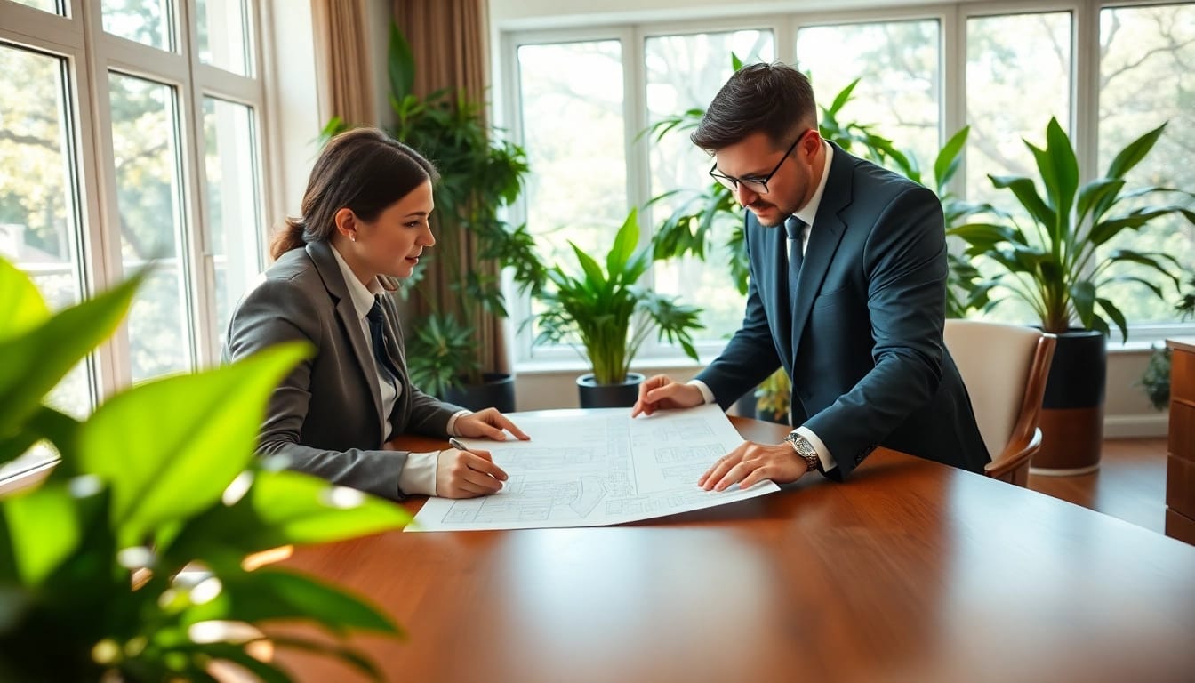 Real Estate agent reviewing plans with clients in a bright, modern office setting.