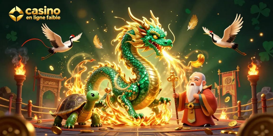 Venez jouer sur un casino en ligne fiable avec des motifs de dragon, tortue et grues porte-bonheur.