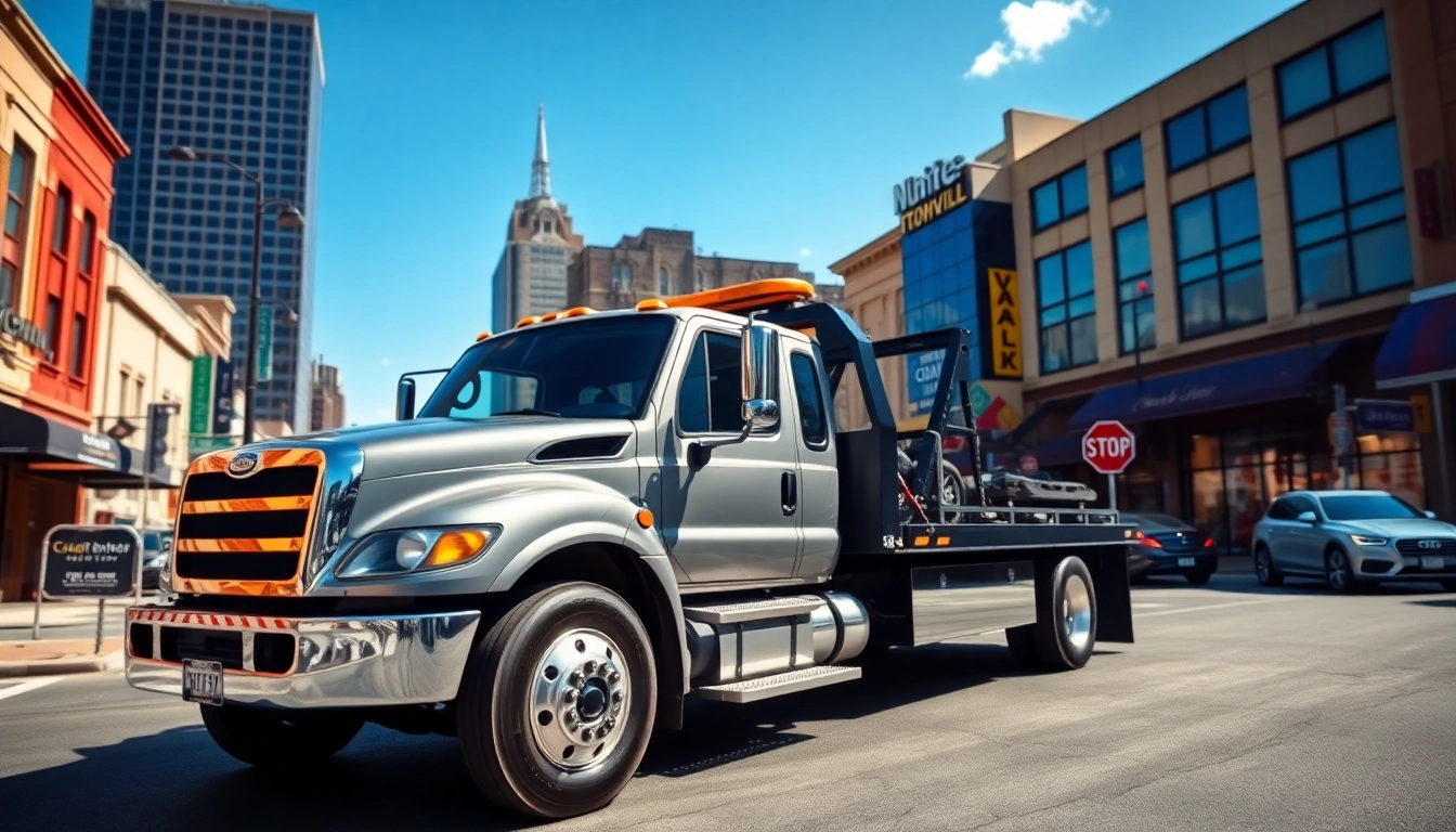 Flatbed towing Nashville service in a vibrant cityscape with a tow truck on display.