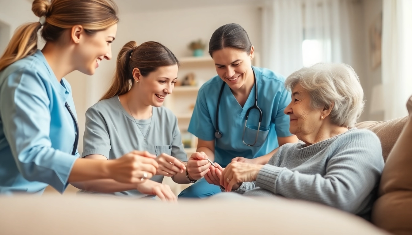Engaging scene of at home senior care showing caregivers assisting elderly individuals in a cozy environment.