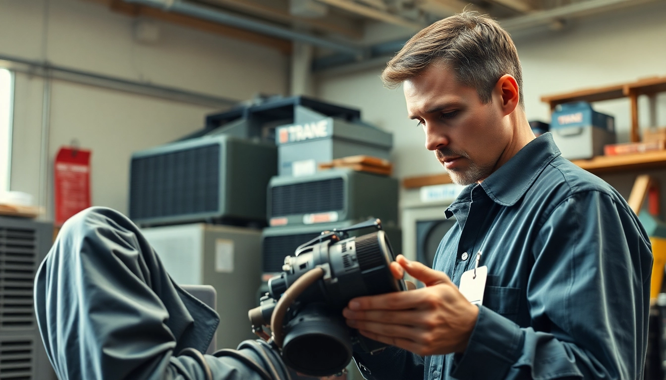 Check quality Trane parts dealer near me while a technician inspects components in a workshop.