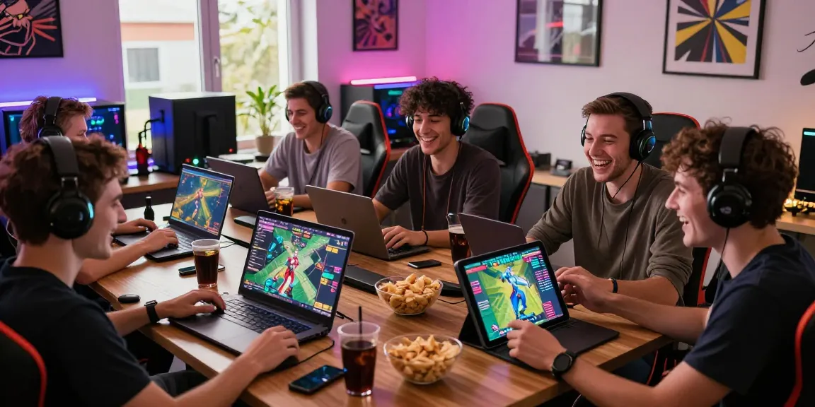Exciting scene of players enjoying html porn games on laptops, tablets, and smartphones in a cozy gaming room.