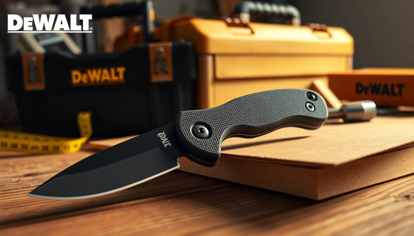 DeWalt knife slicing through cardboard on a workbench, showcasing its precision and design.