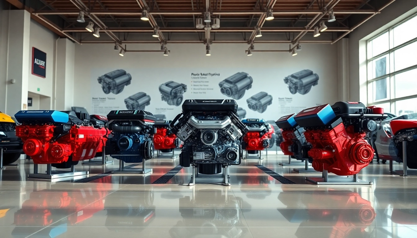Explore high-quality used engines showcased in a modern showroom space.
