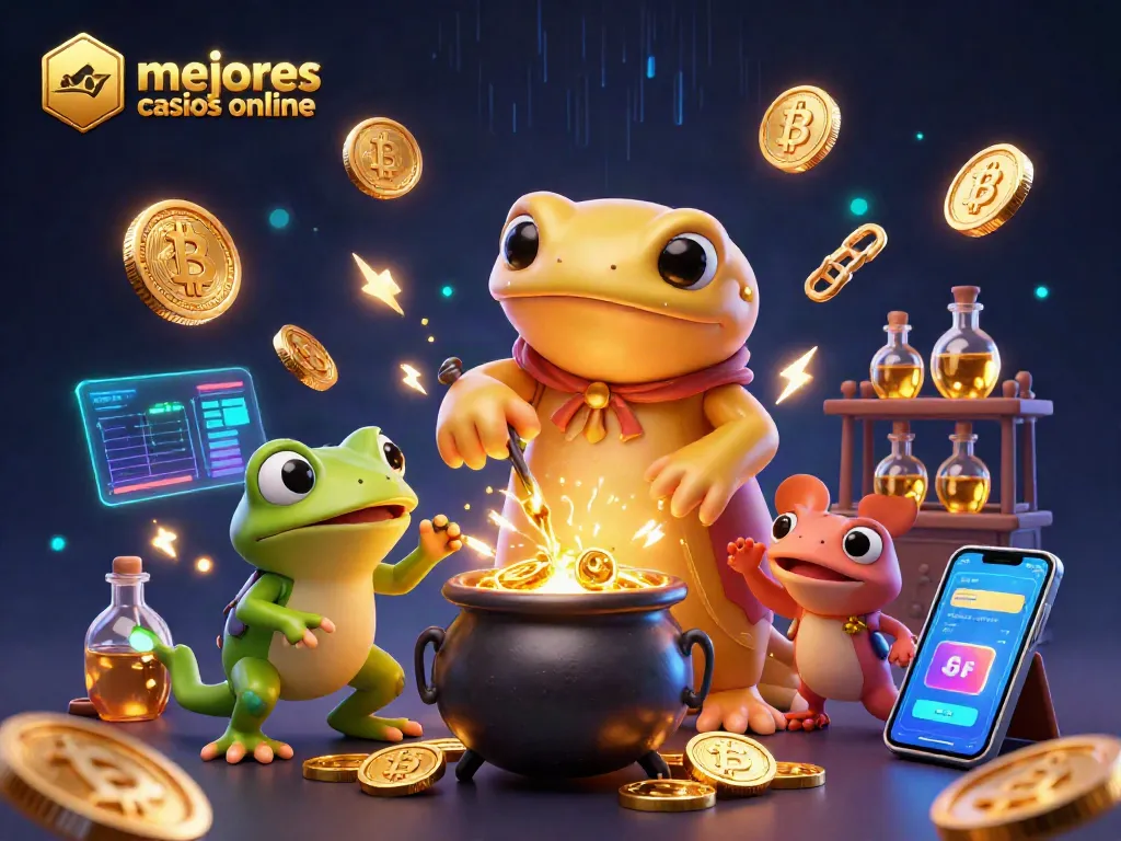 Mejores casinos online en acción con alquimista y monedas de oro en un laboratorio mágico.