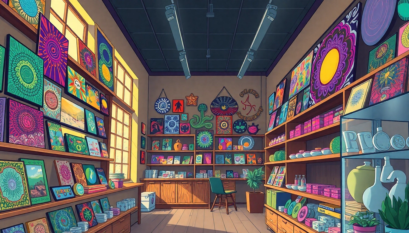 Psychedelicschemstore interior showcasing vibrant products and art in a warm, inviting setting.