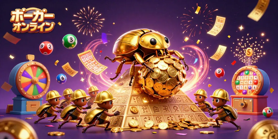 ポーカー オンラインで楽しむためのダイナミックなシーン、金色のコインボールを転がすコガネムシたち