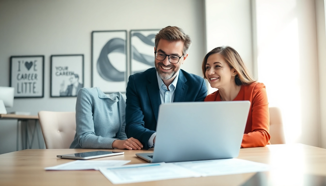 Career consultant guiding a client in a bright office, showcasing their engaging discussion and professional resources.