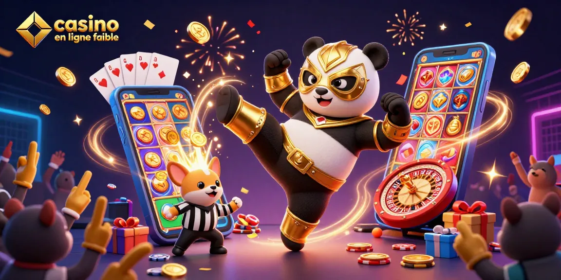 Illustration dynamique représentant un panda lutteur en masque doré, symbolisant un casino en ligne fiable.