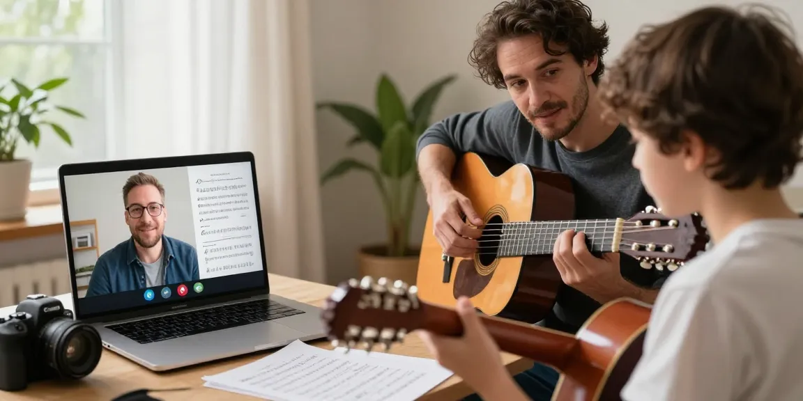Guitar instructor online teaching a student during a video call, showcasing personalized classical guitar lessons.