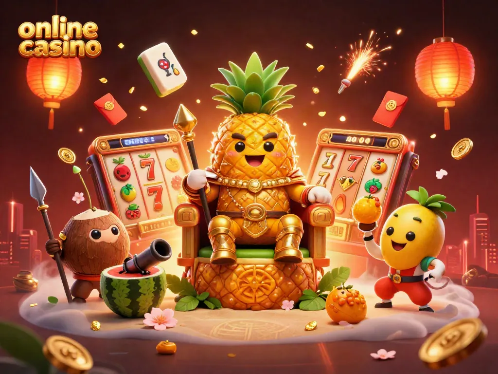Gioca nei migliori online casino con il re ananas e il giullare, circondati da simboli di slot e gioia.