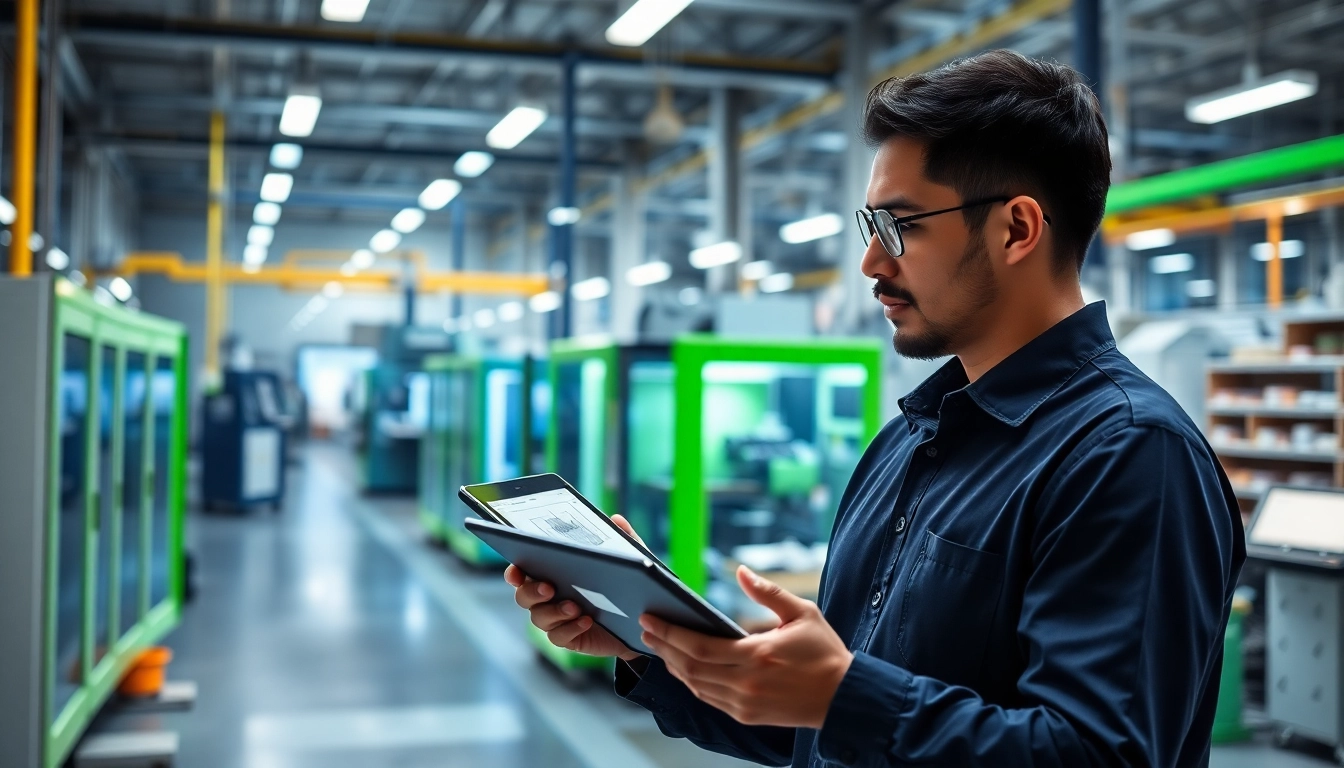 Engineer collaborating on designs for ODM manufacturing in a modern factory setting.