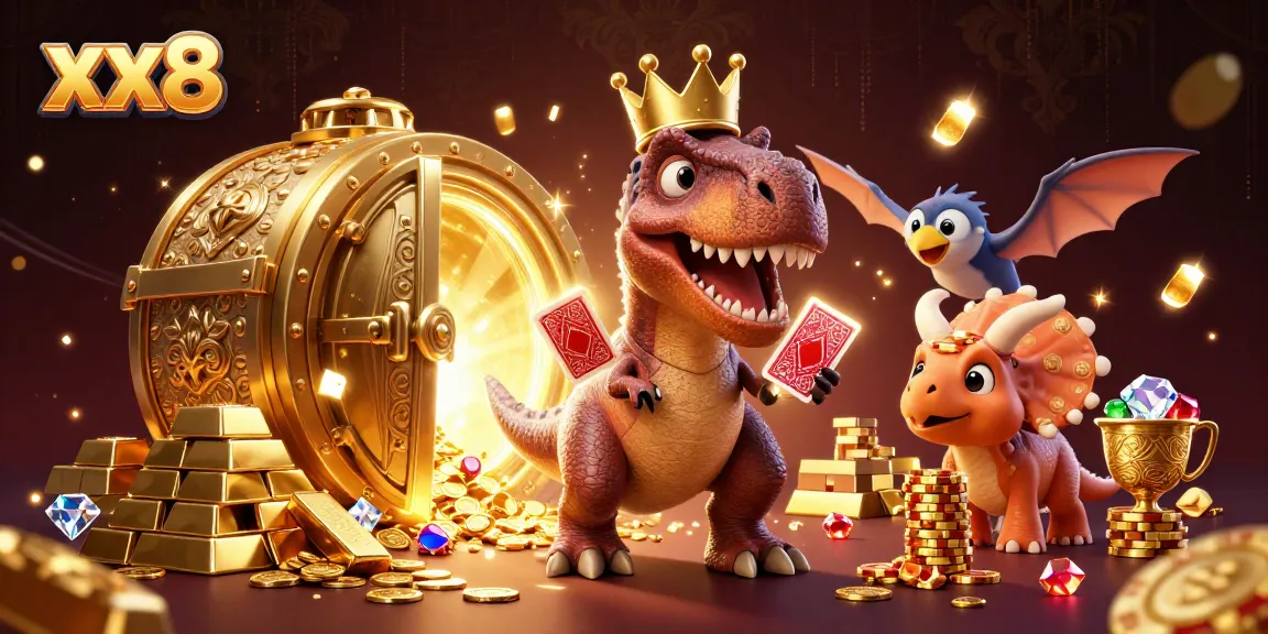 Experience the thrill of xx8 with a lively 3D scene of a T-Rex and friends at a casino!